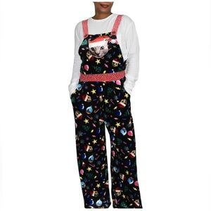 Love On A Hanger Women's Black Christmas Kitty Cat Velour Overalls XL